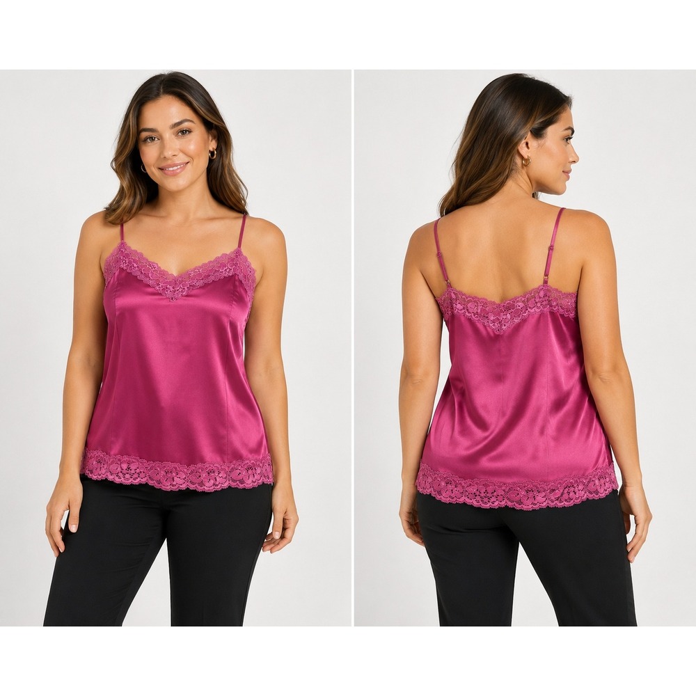 Worthington Magenta Pink Satin Lace Trim Camisole Top XL Adjustable Straps